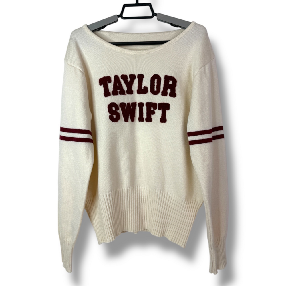 Taylor Swift Sweater Women's Medium Varsity Pullover Knit Long Sleeve Cream